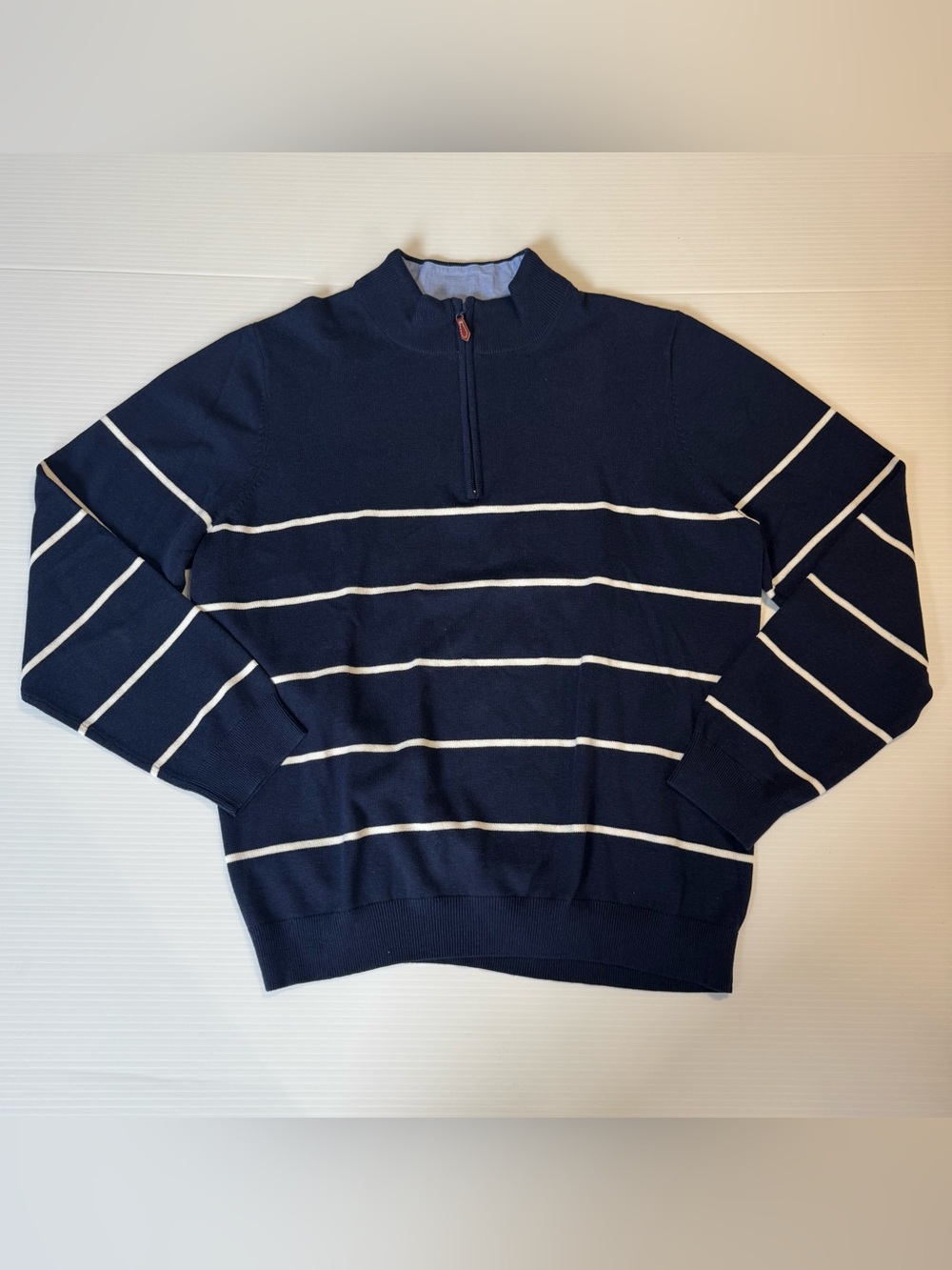 J.McLaughlin Men L Navy Striped Quarter Zip Sweater Cotton Modal Preppy Yacht